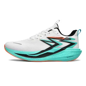 Lightweight breathable marathon running shoes with white mesh and cyan cushioned soles