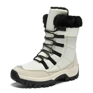 Mittelhohe Damen-Schneestiefel in Beige mit schwarzem Webpelz und rutschfester Gummisohle