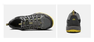 Dual view of gray outdoor hiking shoes with breathable mesh and anti-slip yellow soles