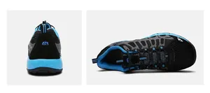 Macro view of breathable mesh texture and non-slip thick sole on outdoor hiking shoes