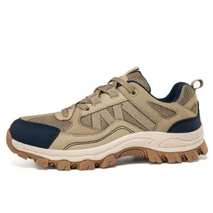 Scarpe da trekking in kaki e blu con rete traspirante e suole in gomma antiscivolo