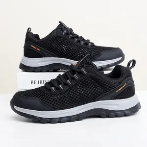 Men's breathable mesh hiking shoes in black with thick cushioning rubber soles
