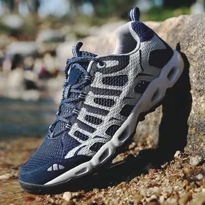 Men's breathable mesh outdoor river shoes in navy and grey with hollow cushioning soles