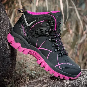 Women's black and pink outdoor hiking boots with anti-slip rubber soles for camping