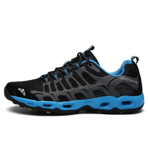 Breathable outdoor hiking and wading shoes in black and grey with drainage rubber soles