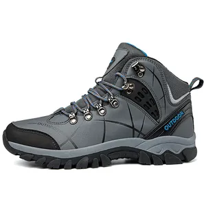 Grey high-top outdoor hiking boots for men with leather upper and non-slip rubber sole