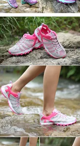 Detail van roze outdoor wandelschoenen met antislip rubberen zool en waterafvoer in beek