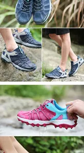 Macro-detail van ademende outdoor wandelschoenen met duurzame antislip rubberen zolen