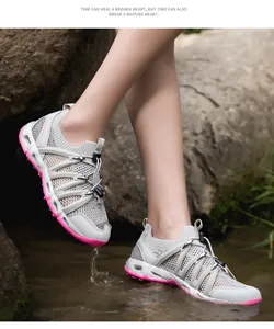 Outdoor water shoes for hiking with breathable mesh and quick-dry soles in a creek