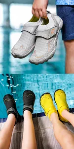 Macro detail of breathable mesh fabric and adjustable velcro straps on multi-color water shoes