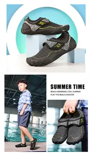 Detail of kids quick-dry water shoes with breathable grey mesh and non-slip rubber soles
