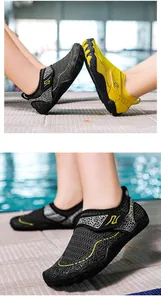 Detail of breathable mesh upper with adjustable velcro strap on durable water shoes