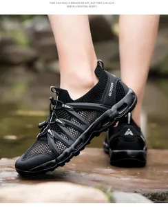 Detail of outdoor wading shoes with breathable mesh and elastic drawstring adjustment