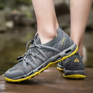 Gray and yellow breathable mesh outdoor water shoes with quick-dry slip-resistant rubber soles
