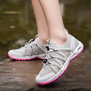 Grey and pink breathable mesh quick-dry water shoes for outdoor hiking and river trekking
