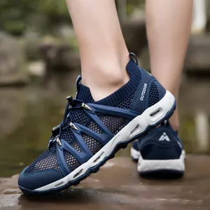 Deep blue outdoor water shoes with breathable mesh and thick white anti-slip rubber soles