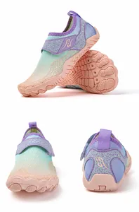 Detail of purple breathable water shoes for kids showing anti-slip rubber sole and velcro strap