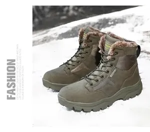 Detail view of winter outdoor boots with thick fleece lining on snow background