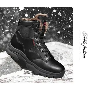 Detail of waterproof outdoor snow boot with warm faux fur lining and anti-slip rubber sole
