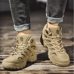 Lightweight khaki tactical boots for men featuring non-slip rubber soles and suede mesh