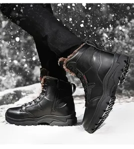 Men's high-top outdoor snow boots with warm fur lining shown walking on real snow