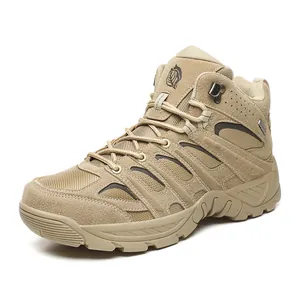 Tan tactical hiking boots in suede and mesh with non-slip rubber soles for men