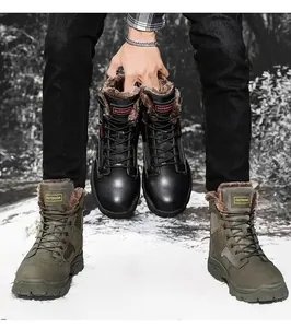 Detail view of winter outdoor tactical boots with warm fleece lining and non-slip rubber soles