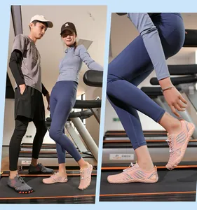 Detail of breathable knit upper and elastic laces on quick-dry aqua fitness shoes
