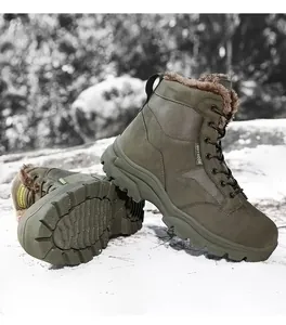 Detail of olive green winter outdoor boots with warm fur lining and non-slip rubber soles