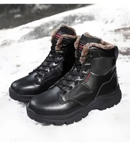 Close-up of black winter outdoor boot showing thick faux fur lining and lace-up design