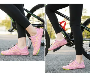 Pink breathable mesh outdoor sports shoes with quick-lace system and protective toe cap