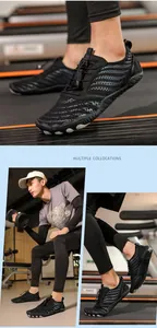 Detail showing breathable mesh fabric and non-slip rubber sole of black water shoes