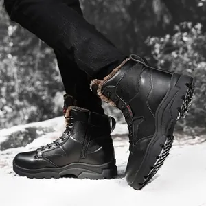 Mens winter outdoor combat boots with warm fleece lining and non-slip soles in snow