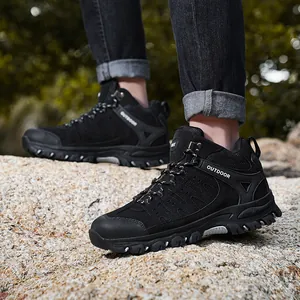 Men's black outdoor hiking boots with anti-slip rubber soles and durable suede finish