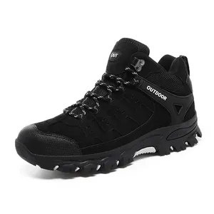 Black waterproof hiking boots with anti-slip rubber soles and durable suede mesh upper