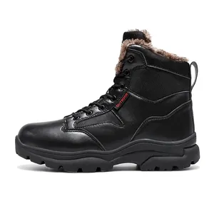 Men's black waterproof outdoor tactical boots with warm fleece lining and rubber sole