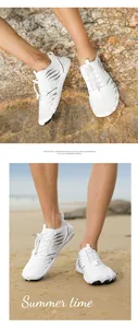 Close-up of white breathable mesh water shoes with non-slip sole and drawstring toggle laces