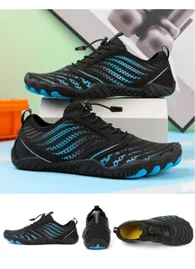 Multi-angle views of black water shoes with blue waves and quick-lace drawstring system