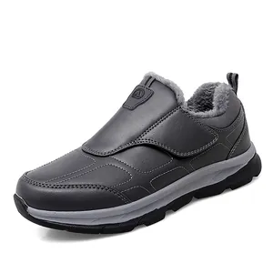 Men's dark grey winter walking shoes with warm faux fur lining and velcro strap closure