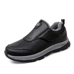 Waterproof black winter walking shoes with warm gray faux fur lining and EVA cushioned sole