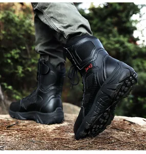 Detail of high-top tactical boots showing rugged anti-slip soles in a forest setting
