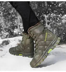 Detail of army green tactical boots with warm faux fur lining and non-slip rubber soles