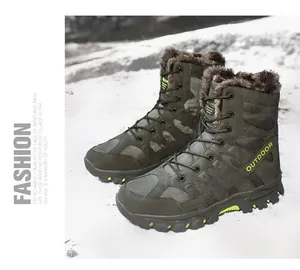 Close-up of military green tactical snow boot with faux fur lining and anti-slip sole