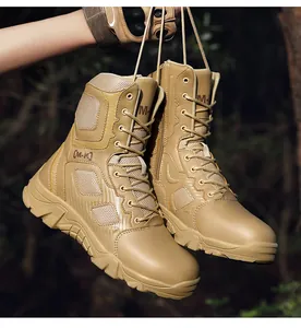 Detail of high-top tactical combat boots with side zipper and rugged anti-slip rubber sole