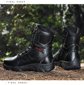 Detail of waterproof tactical boots with side zipper, mesh paneling and anti-slip rubber sole