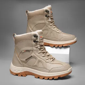 Close-up of khaki winter boots with thick white faux fur lining and anti-slip rubber soles