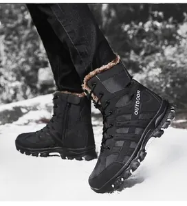 Detail of black tactical boots with warm fur lining and non-slip rubber soles on snow