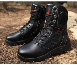 Detail of black tactical boot with side zipper and durable anti-slip rubber outsole