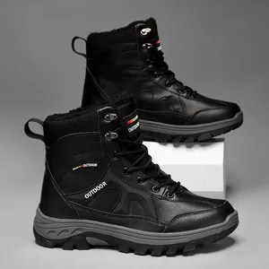 Detail view of men's black winter boots with thick faux fur lining and non-slip sole