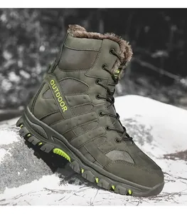 Detail of army green outdoor tactical boot featuring warm fur lining and rugged sole